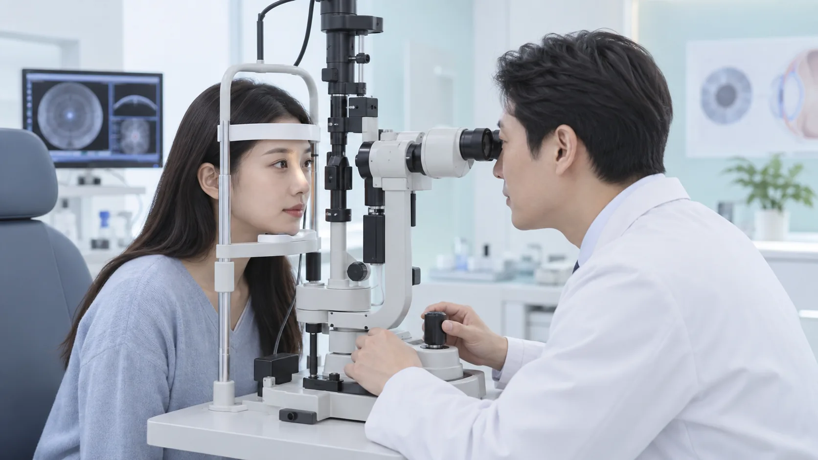 렌즈삽입술 전 세극등 현미경으로 눈 상태를 확인하는 성인