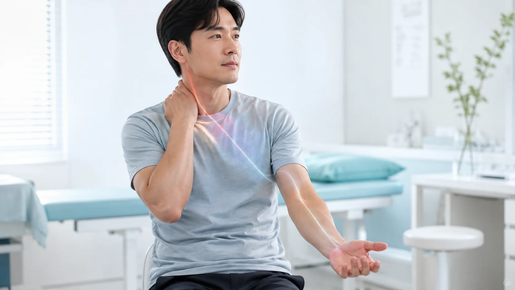 목에서 어깨와 팔로 이어지는 불편 부위를 보여주는 의료 에디토리얼 이미지
