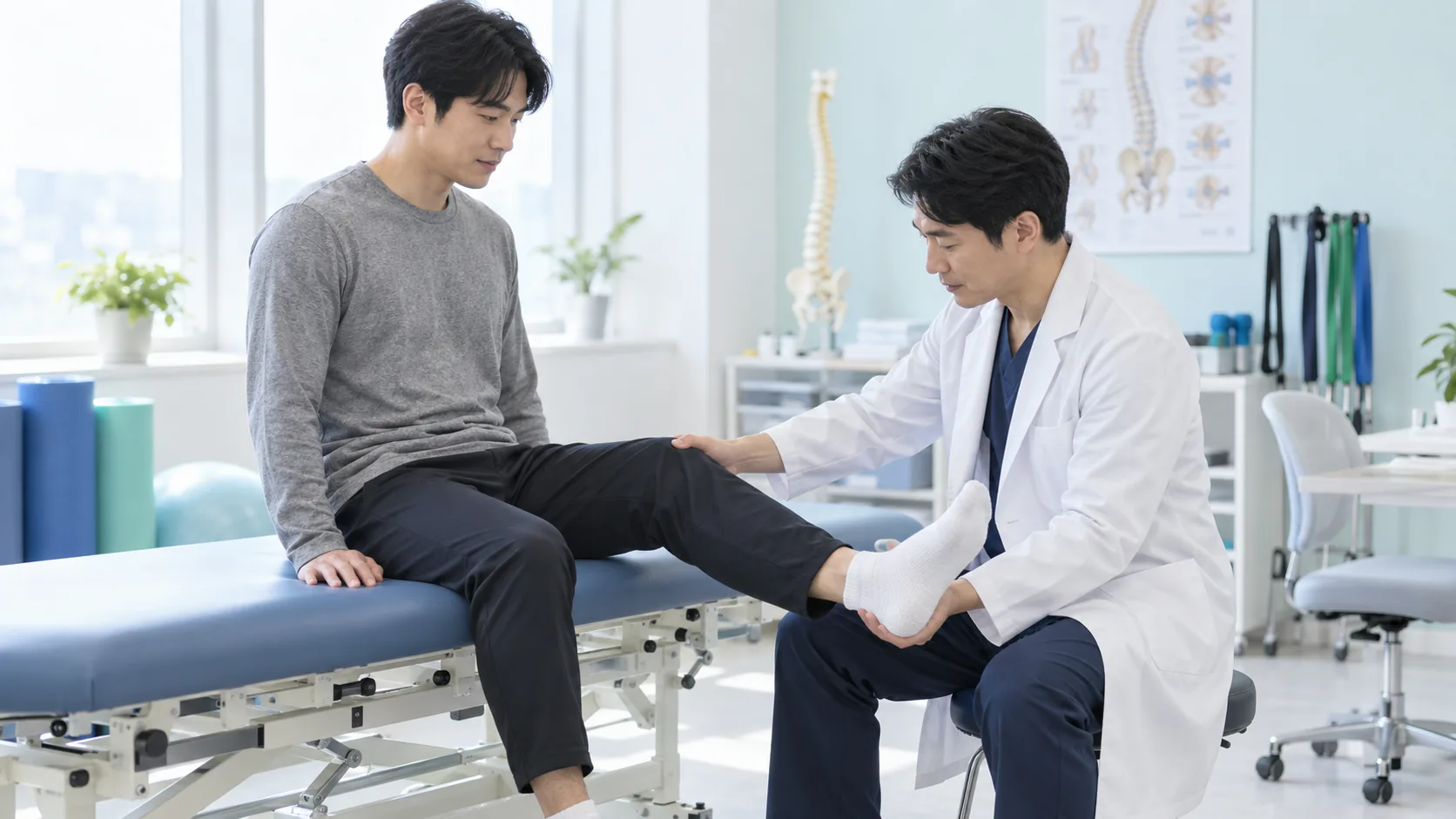 허리와 다리 증상을 상담하며 신경학적 진찰을 준비하는 성인