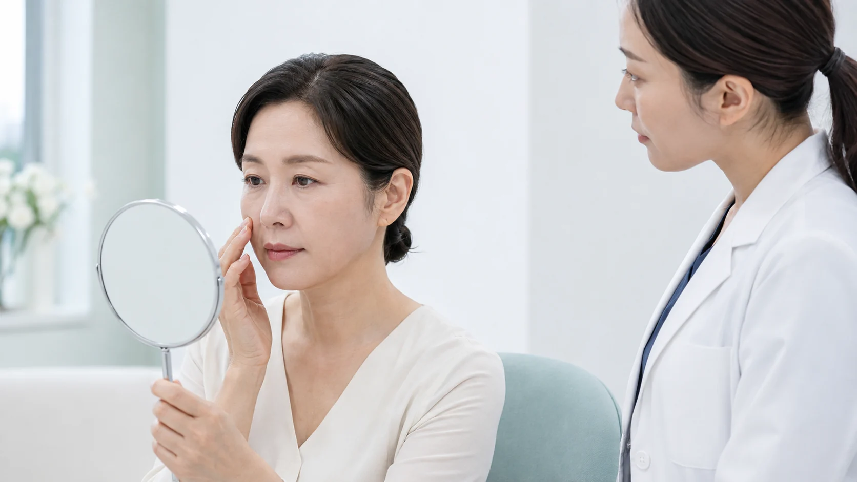 아래눈꺼풀 상태를 거울로 차분히 확인하는 의료 에디토리얼 이미지