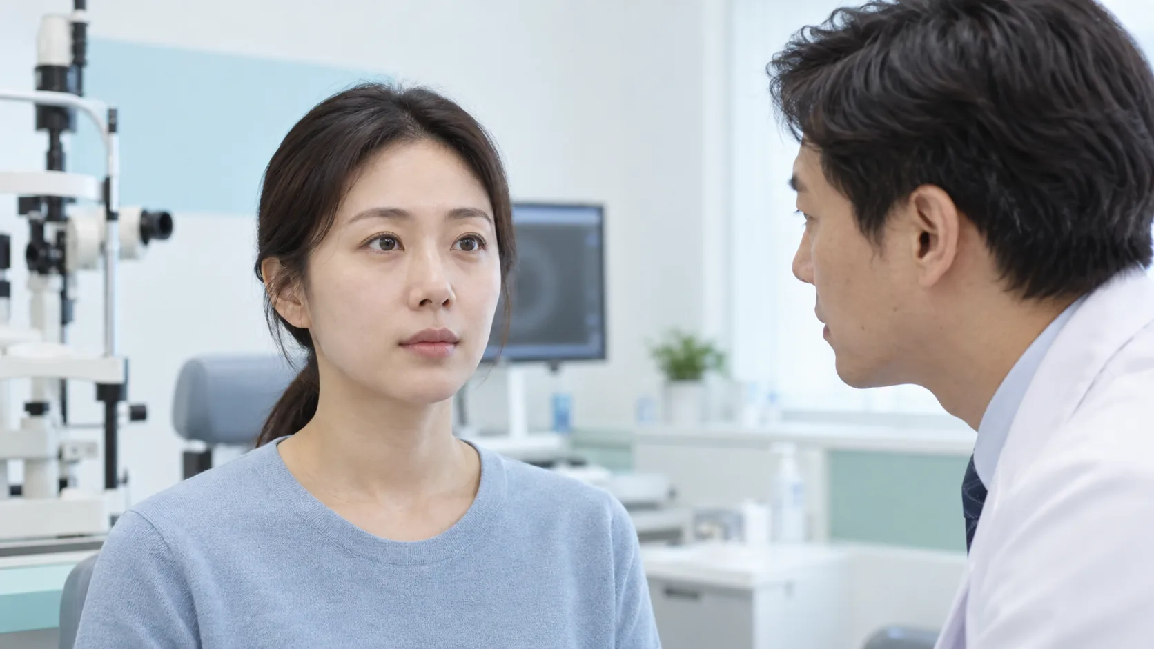 눈꺼풀 위치와 움직임을 확인받는 성인