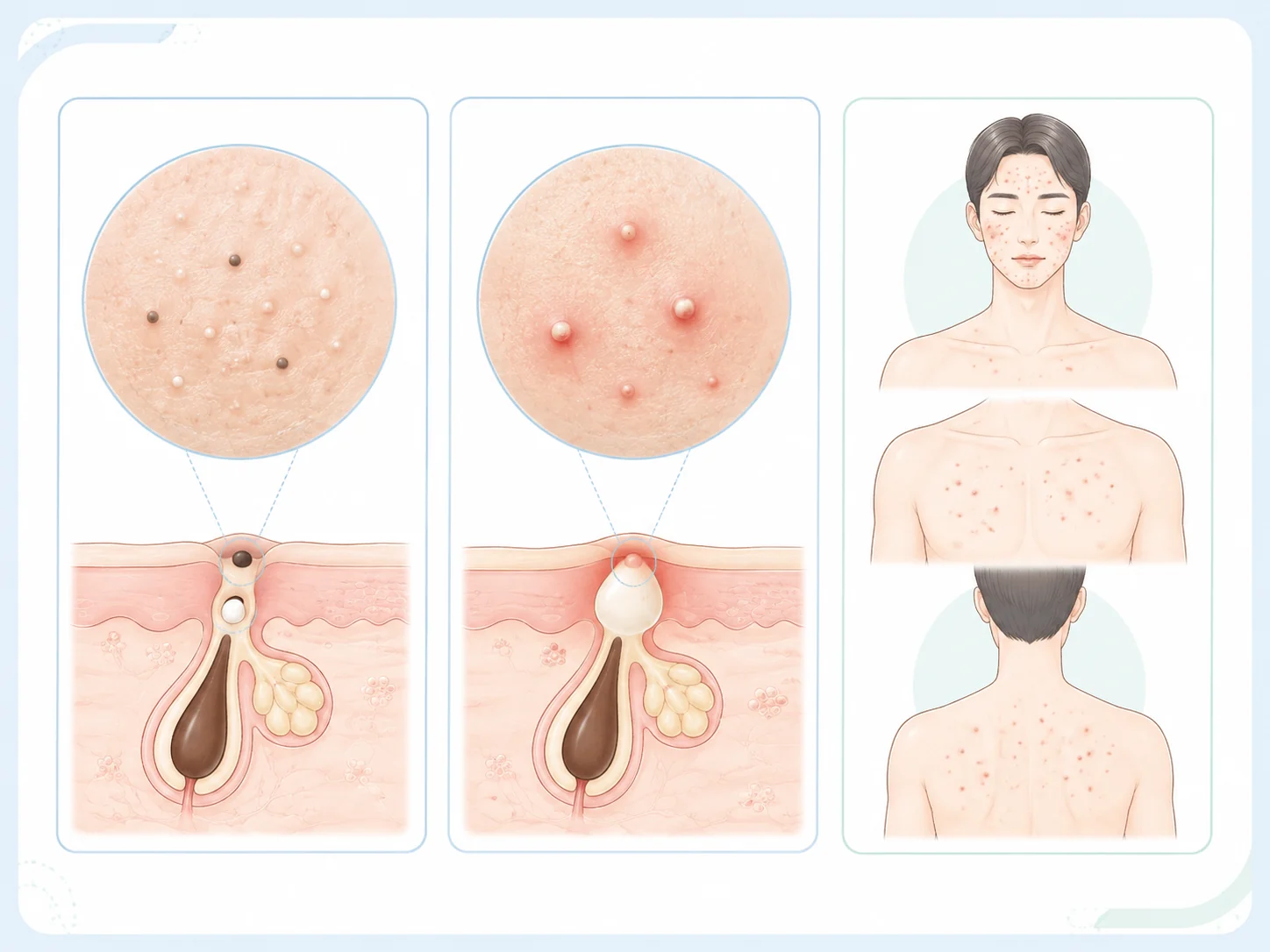 여드름 평가에서 병변 유형과 범위 및 분포를 구분해 보여주는 교육용 이미지