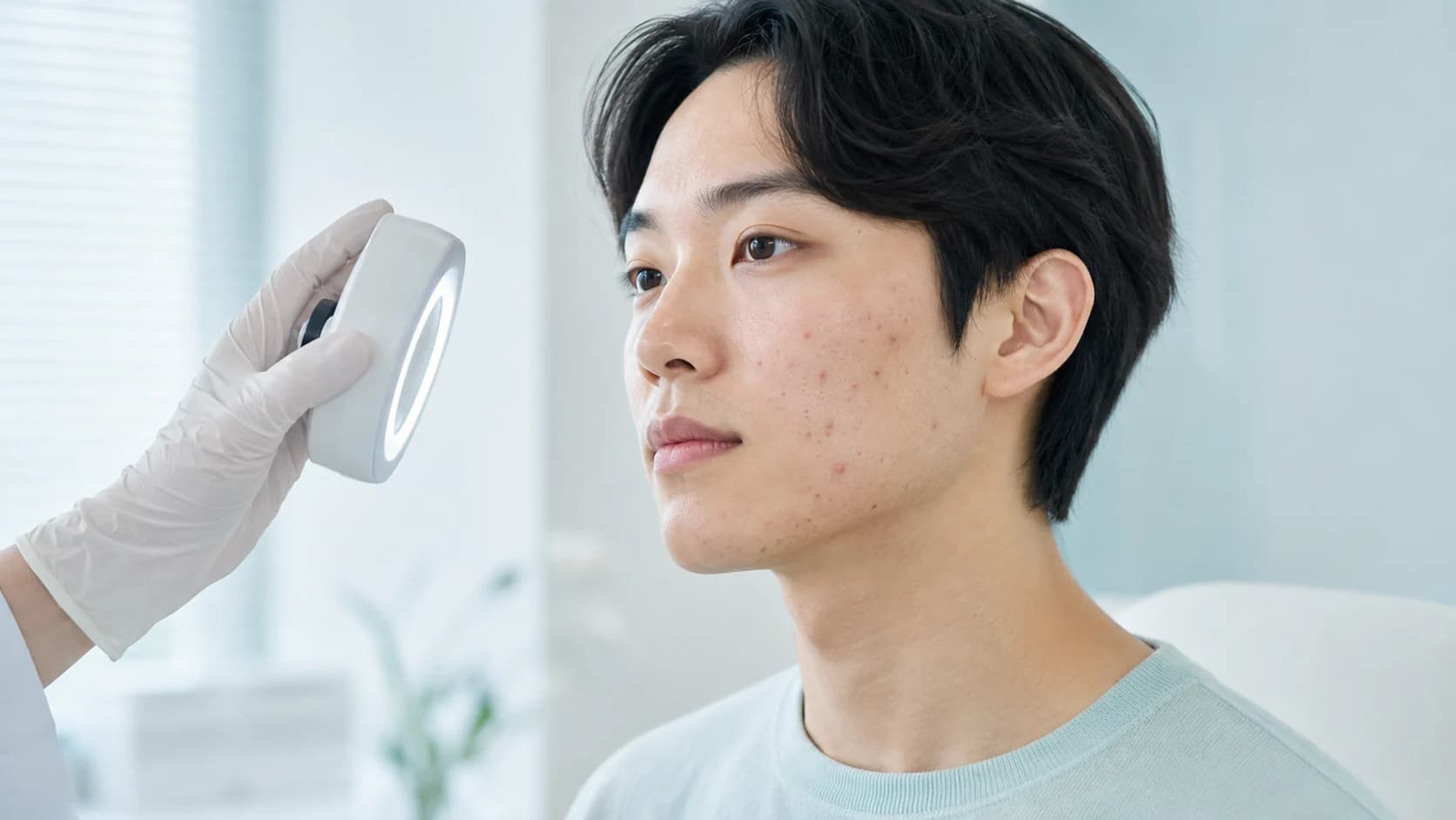 여드름 상태를 차분하게 관찰하는 피부과 교육용 에디토리얼 이미지