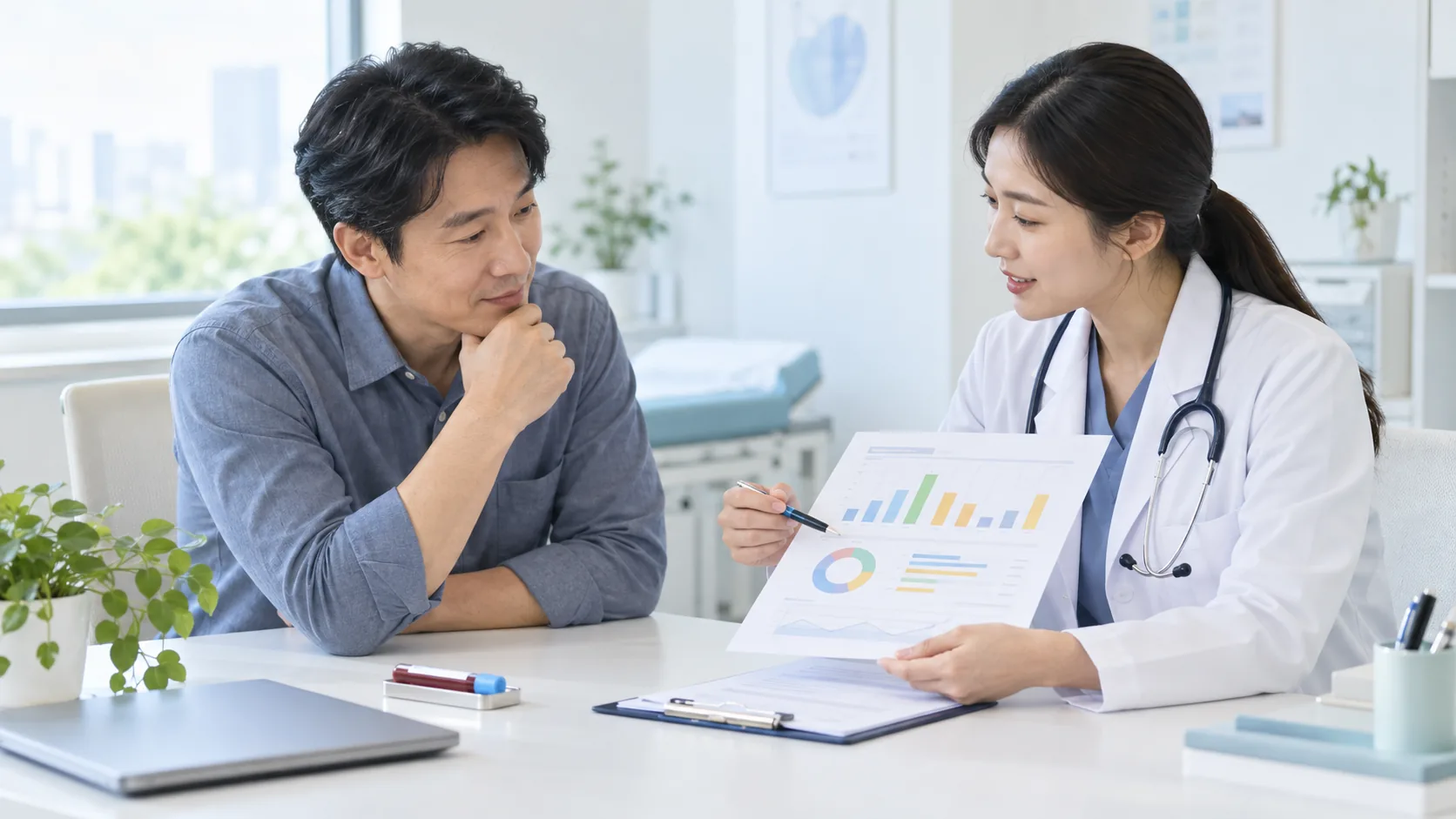 건강검진에서 콜레스테롤 혈액검사 결과를 상담하는 성인