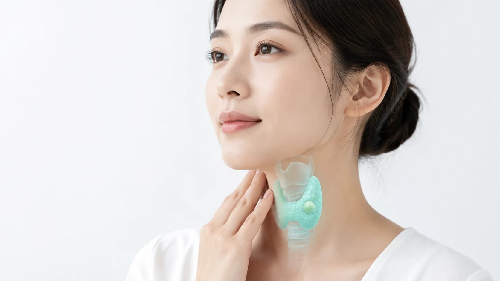 목 앞쪽 갑상선 위치와 작은 결절을 투명한 오버레이로 보여주는 의료 에디토리얼 이미지