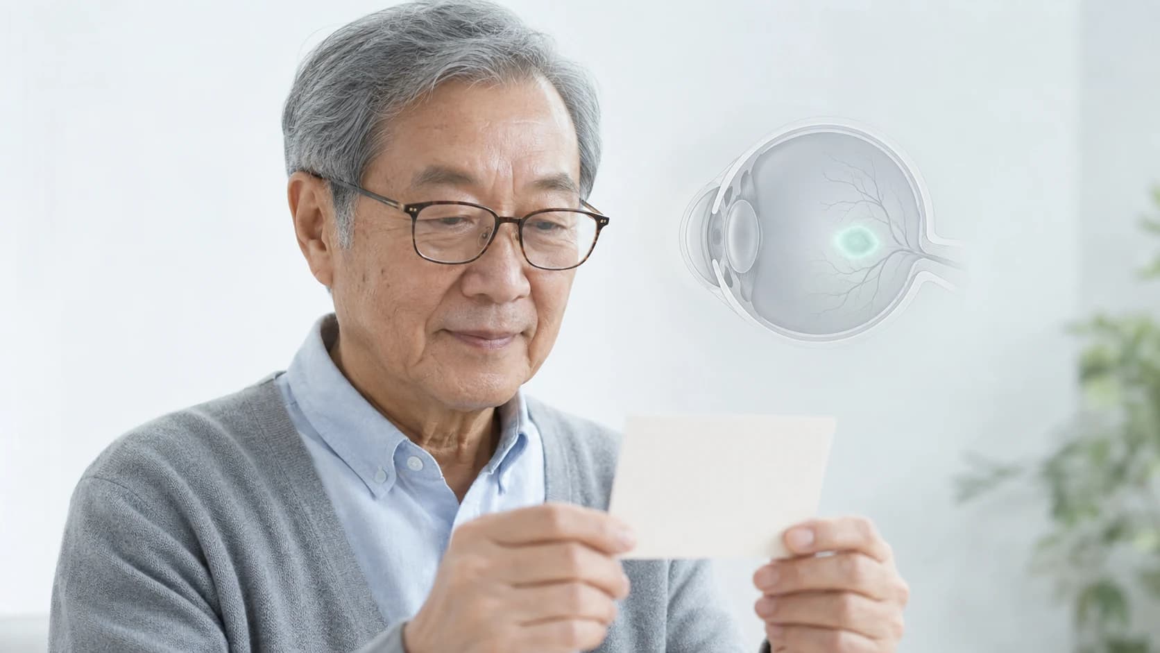 빈 카드를 읽는 고령 성인과 눈 속 황반 위치를 투명한 오버레이로 보여주는 의료 에디토리얼 이미지