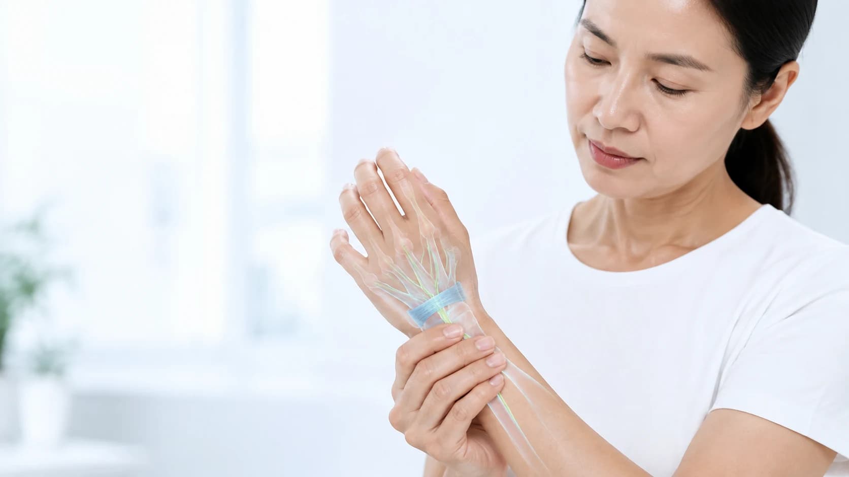 한 손으로 반대쪽 손목을 가볍게 잡고 손목의 정중신경 경로를 투명한 오버레이로 보여주는 의료 에디토리얼 이미지