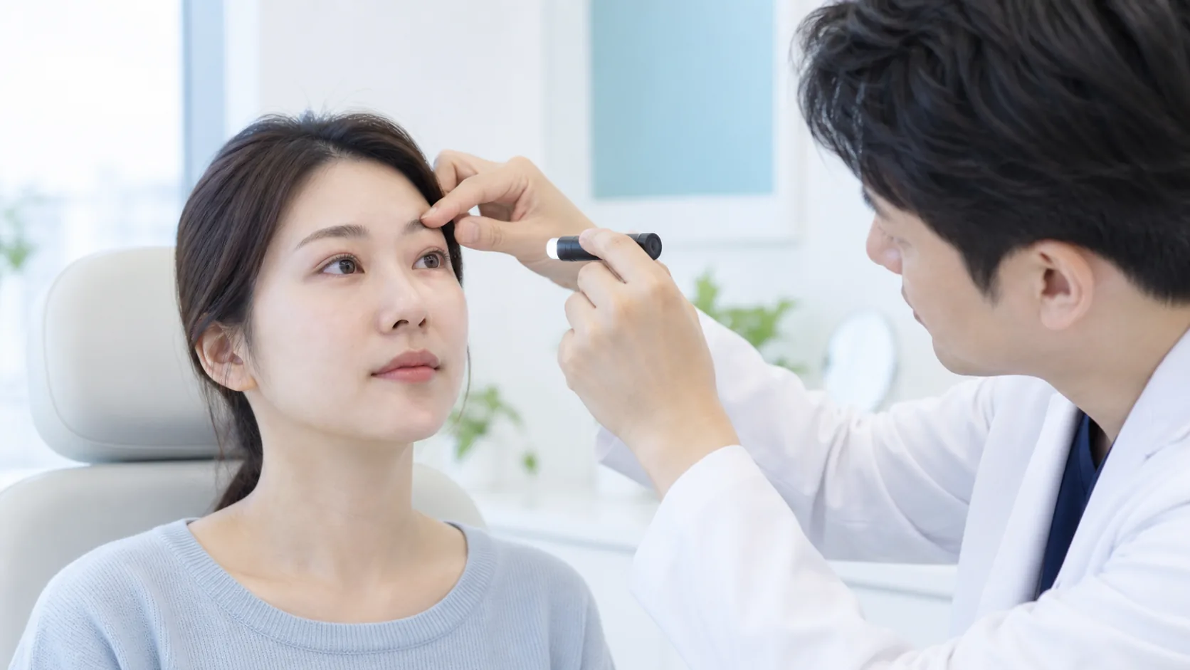 눈꺼풀 성형 후 회복 상태를 진료실에서 확인하는 성인